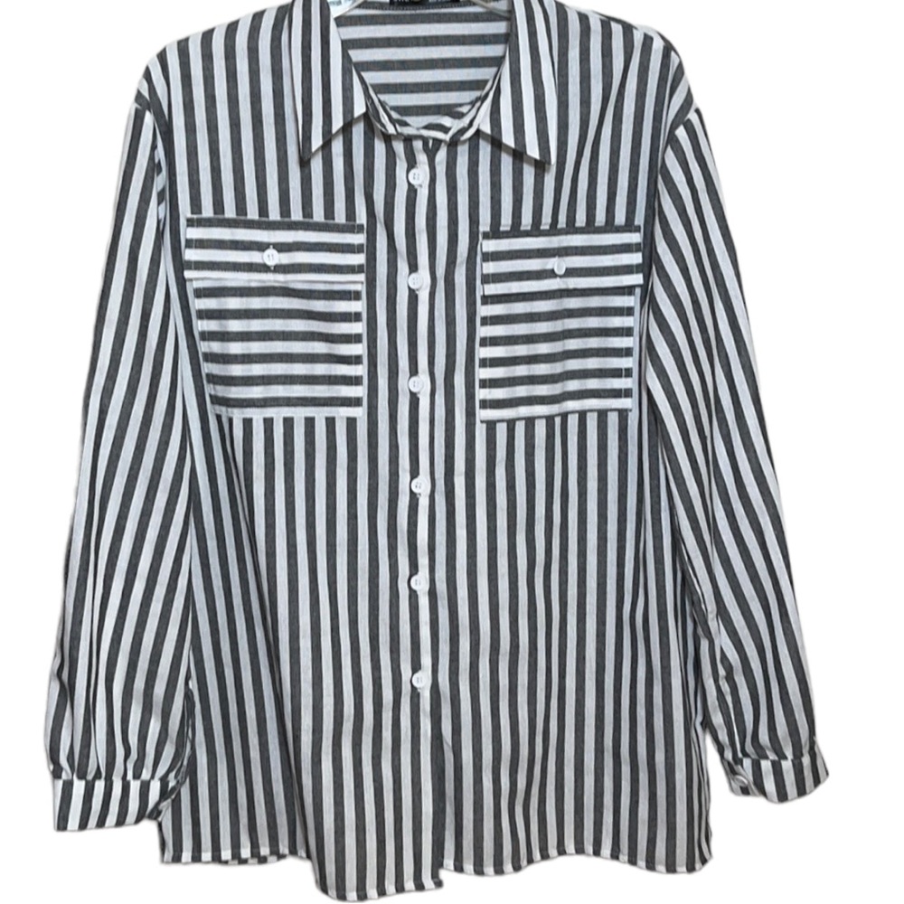 SHEIN Striped Flap Pocket Drop Shoulder Button Down Blouse Shirt - Picture 2 of 5